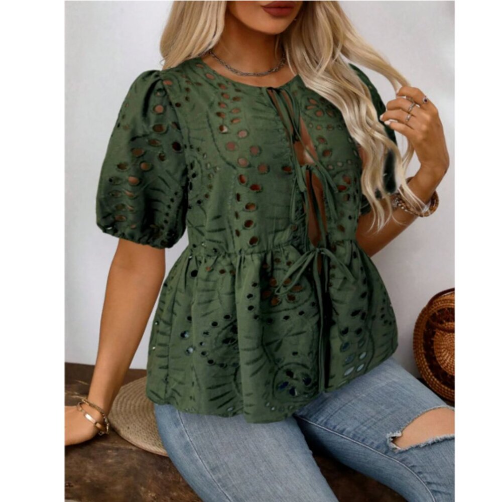 Green Eyelet Hollow-Out Peplum Short Puffed Sleeve Bow-Tie Blouse - 0X
